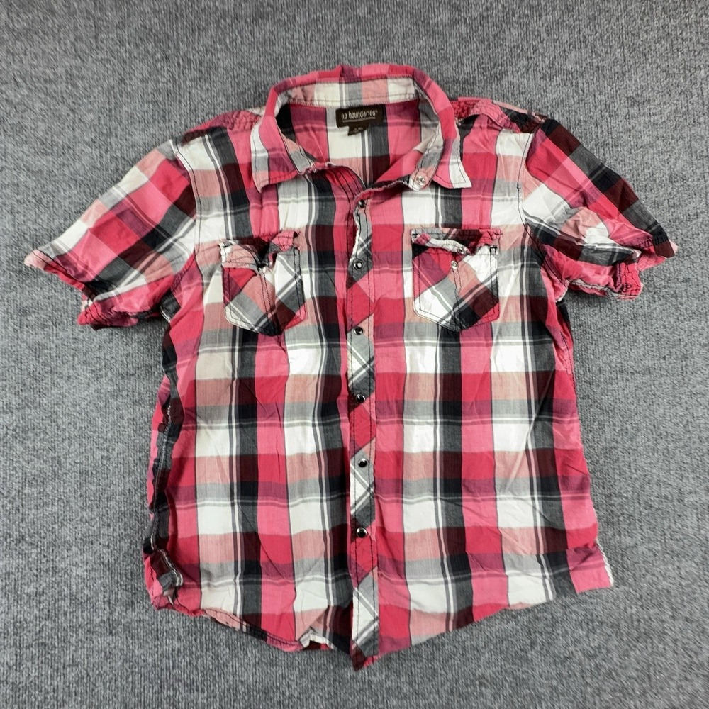 No Boundaries Shirt Mens XL Red Plaid Short Sleeve Button Up Cotton Casual